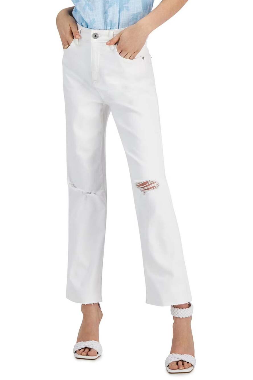 NWT INC Sz 14 High Rise Straight Distressed White Jeans